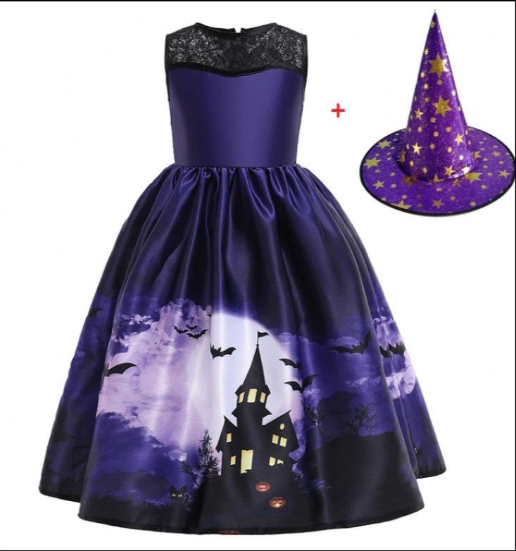 Fato de Princesa de Halloween – Fantasia em Tecido de Malha com Estampado para Meninas