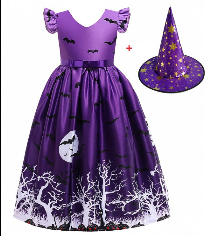 Fato de Princesa de Halloween – Fantasia em Tecido de Malha com Estampado para Meninas