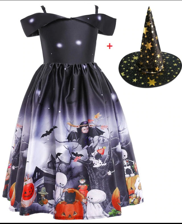 Fato de Princesa de Halloween – Fantasia em Tecido de Malha com Estampado para Meninas