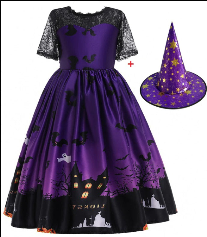 Fato de Princesa de Halloween – Fantasia em Tecido de Malha com Estampado para Meninas
