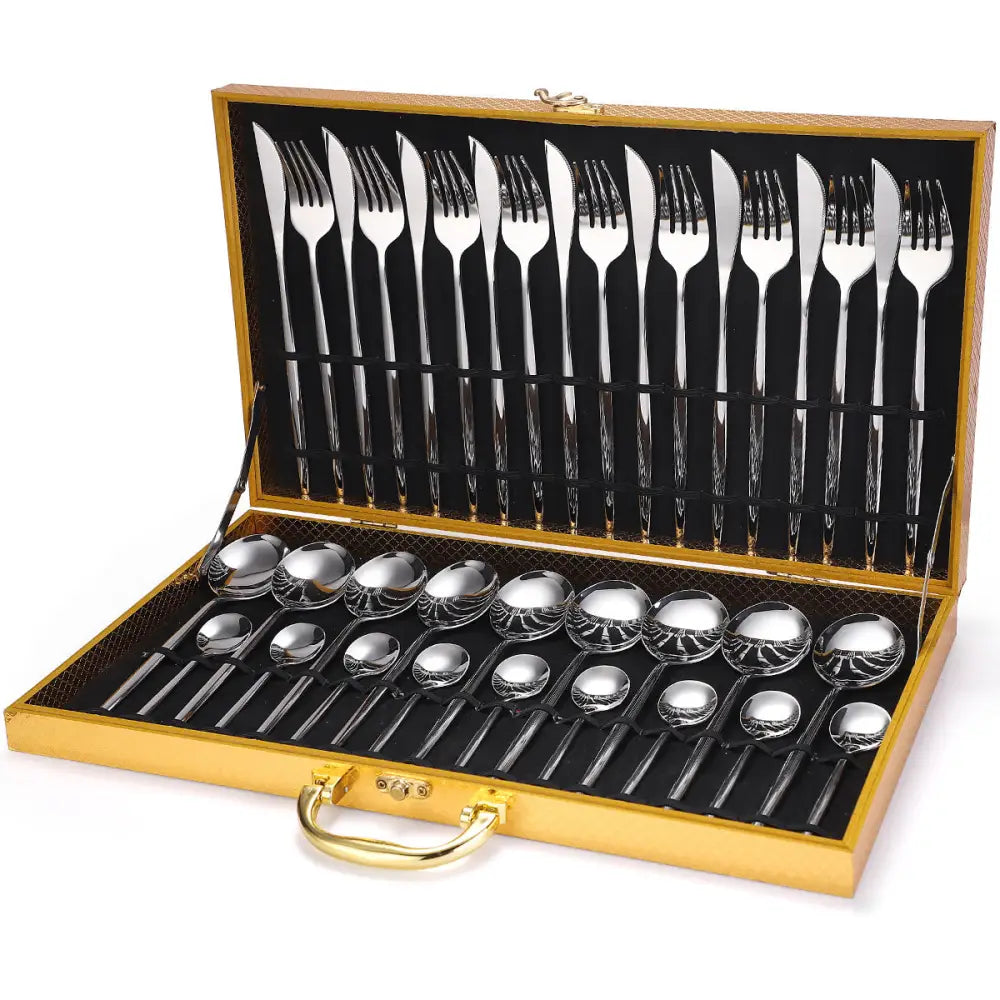 Conjunto de Talheres de Luxo em Aço Inoxidável – 36 Peças com Caixa de Presente em Madeira - Prateado - Flatware Set
