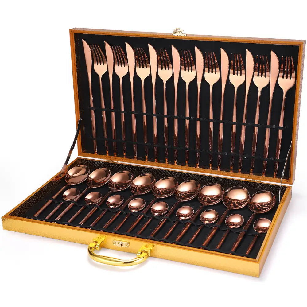 Conjunto de Talheres de Luxo em Aço Inoxidável – 36 Peças com Caixa de Presente em Madeira - Rosa - Flatware Set