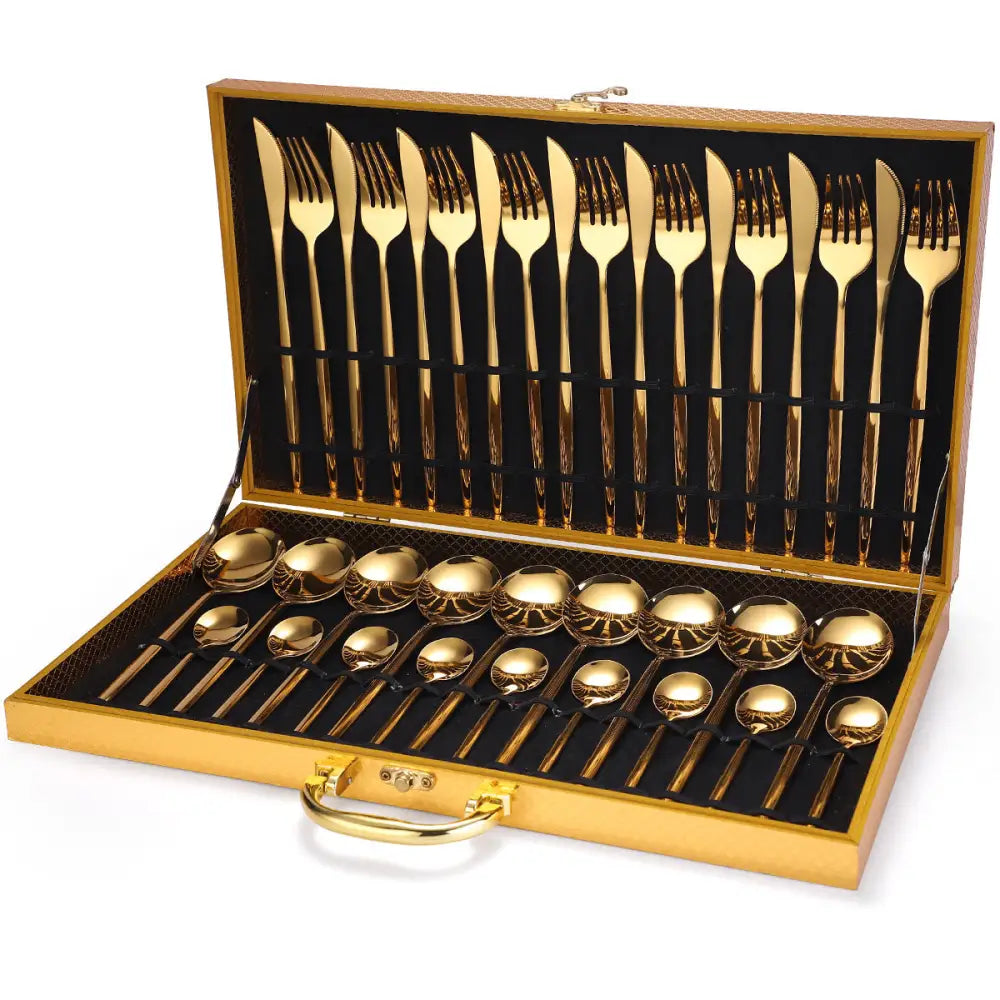 Conjunto de Talheres de Luxo em Aço Inoxidável – 36 Peças com Caixa de Presente em Madeira - Dourado - Flatware Set