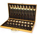 Conjunto de Talheres de Luxo em Aço Inoxidável – 36 Peças com Caixa de Presente em Madeira - Dourado - Flatware Set